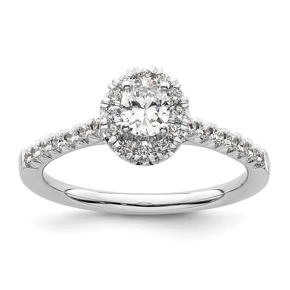 Verlobungsring aus 14K Weißgold mit ovalem simuliertem Diamant im Halo-Design