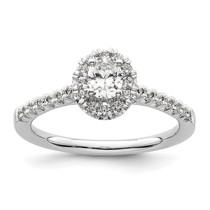 Verlobungsring aus 14K Weißgold mit ovalem simuliertem Diamant im Halo-Design