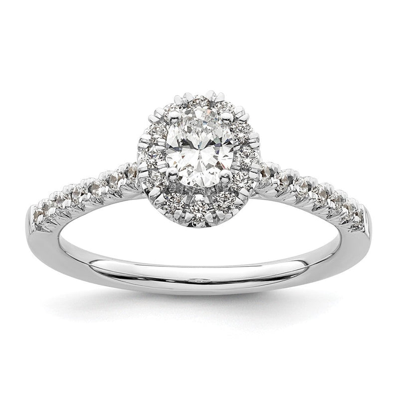 Verlobungsring aus 14K Weißgold mit ovalem simuliertem Diamant im Halo-Design