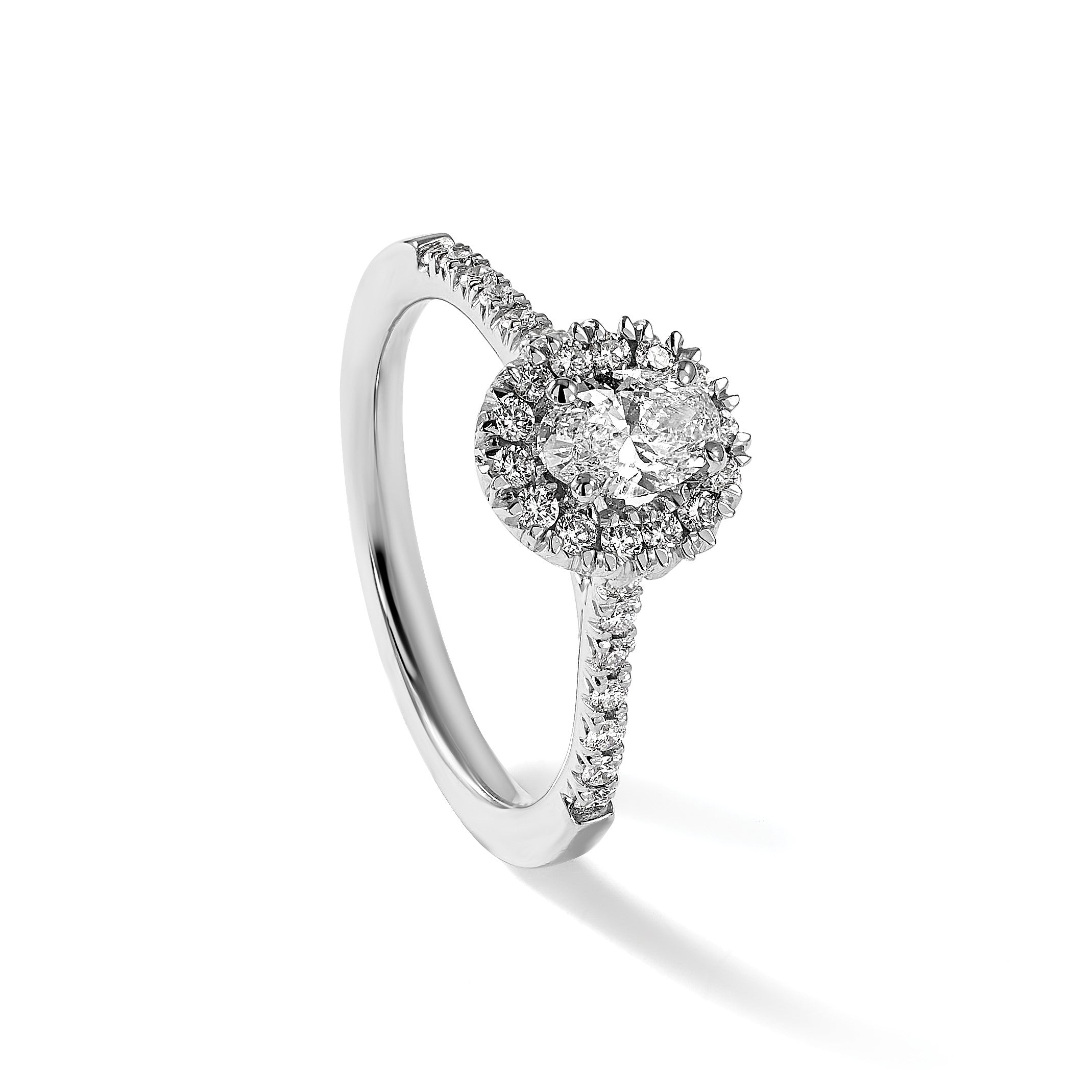 14K Weißgold Verlobungsring mit 0,5 ct. im Labor gezüchteten Diamanten VS/SI+ G+ und 2 ct. ovalem Mittelstein mit Halo-Fassung