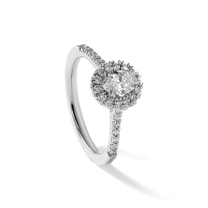 14K Weißgold Verlobungsring mit 0,5 ct. im Labor gezüchteten Diamanten VS/SI+ G+ und 2 ct. ovalem Mittelstein mit Halo-Fassung
