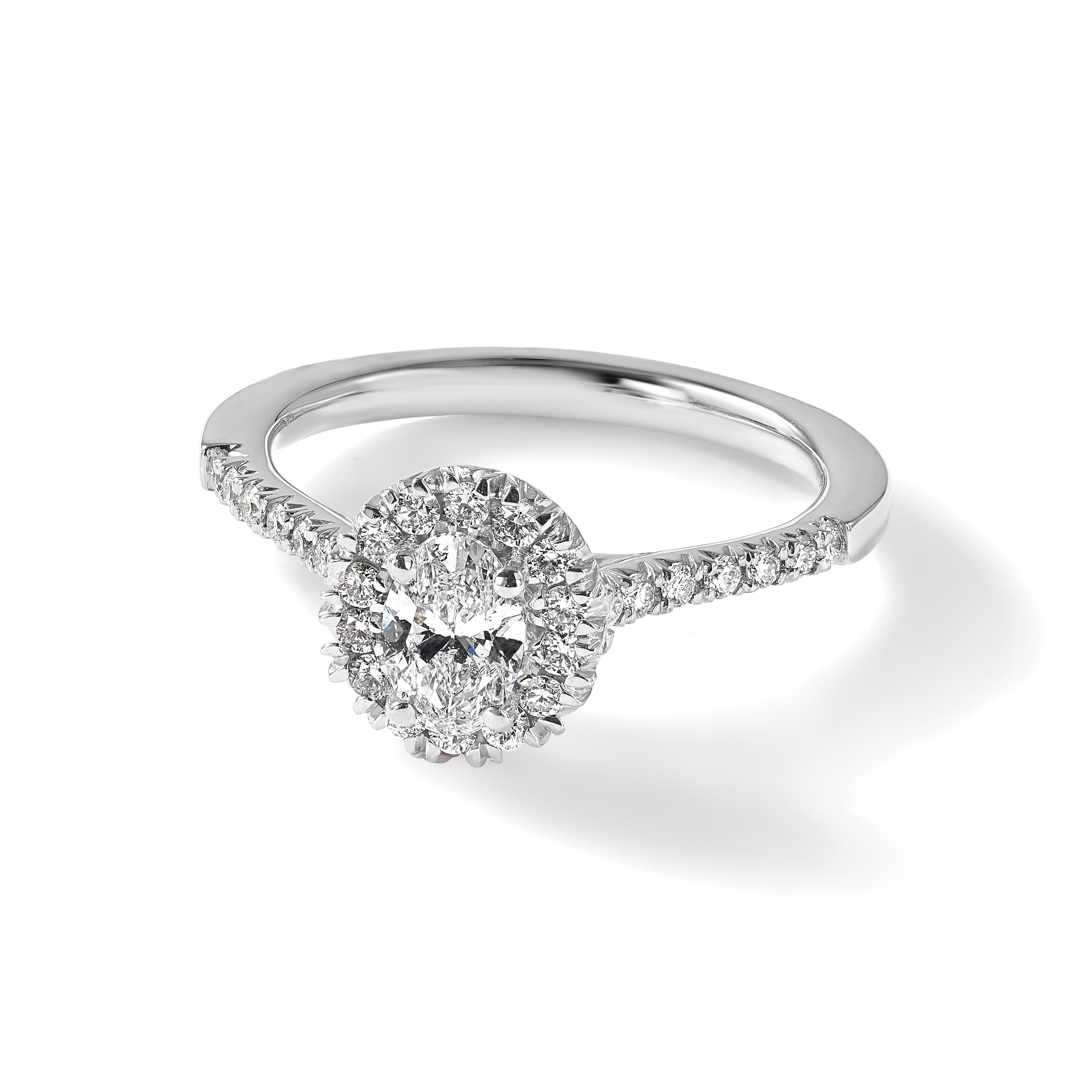 14K Weißgold Verlobungsring mit 0,5 ct. im Labor gezüchteten Diamanten VS/SI+ G+ und 2 ct. ovalem Mittelstein mit Halo-Fassung