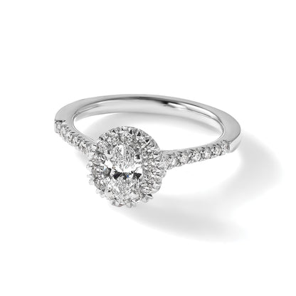 14K Weißgold Verlobungsring mit 0,5 ct. im Labor gezüchteten Diamanten VS/SI+ G+ und 2 ct. ovalem Mittelstein mit Halo-Fassung