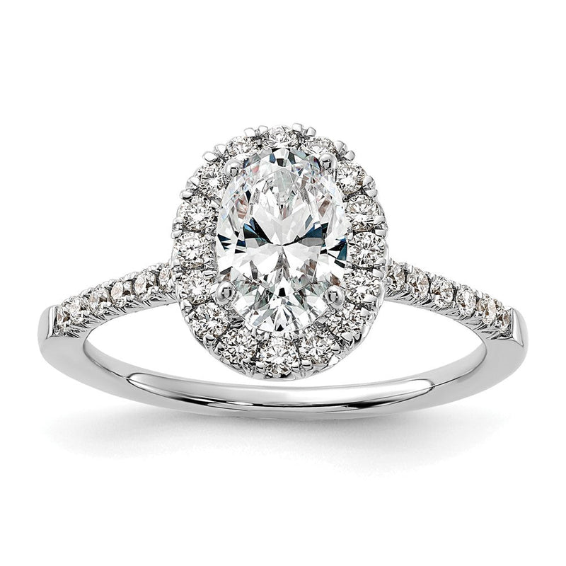 14 Kt. Weißgold Verlobungsring mit ovalem simuliertem Diamant im Halo-Design