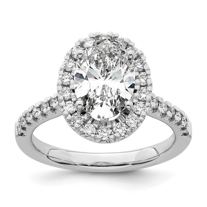 14K Weißgold Verlobungsring mit 0,5 ct. im Labor gezüchteten Diamanten VS/SI+ G+ und 2 ct. ovalem Mittelstein mit Halo-Fassung