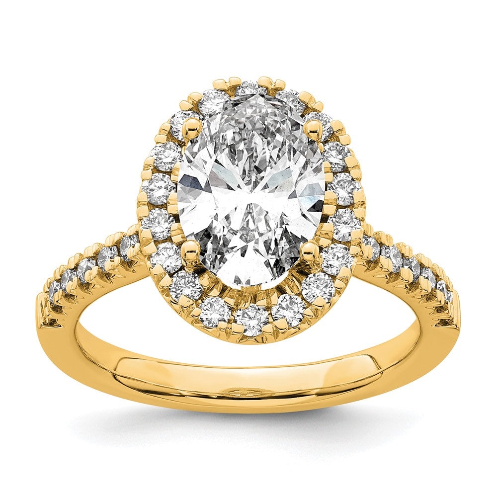 14K Gelbgold Verlobungsring mit 0,5 ct. im Labor gezüchteten Diamanten VS/SI+ G+ und ovalem 2 ct. Mittelstein in Halo-Fassung