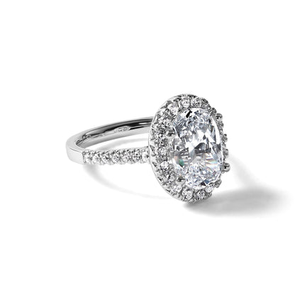 14K Weißgold Verlobungsring mit 0,5 ct. im Labor gezüchteten Diamanten VS/SI+ G+ und 2 ct. ovalem Mittelstein mit Halo-Fassung