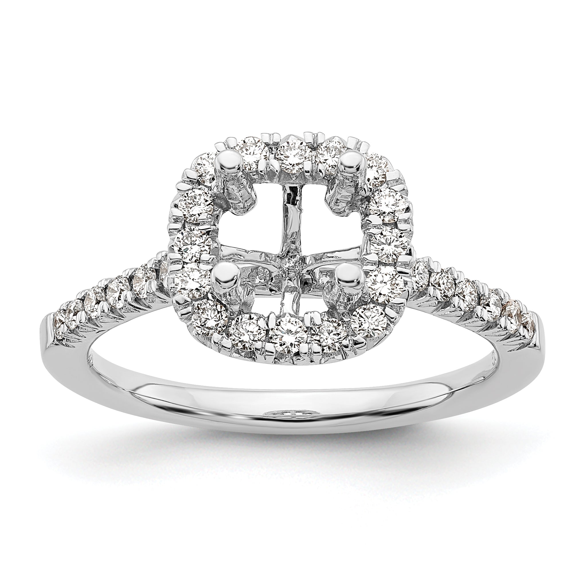 14 Karat Weißgold Verlobungsring mit Kissenschliff-Halo aus simulierten Diamanten
