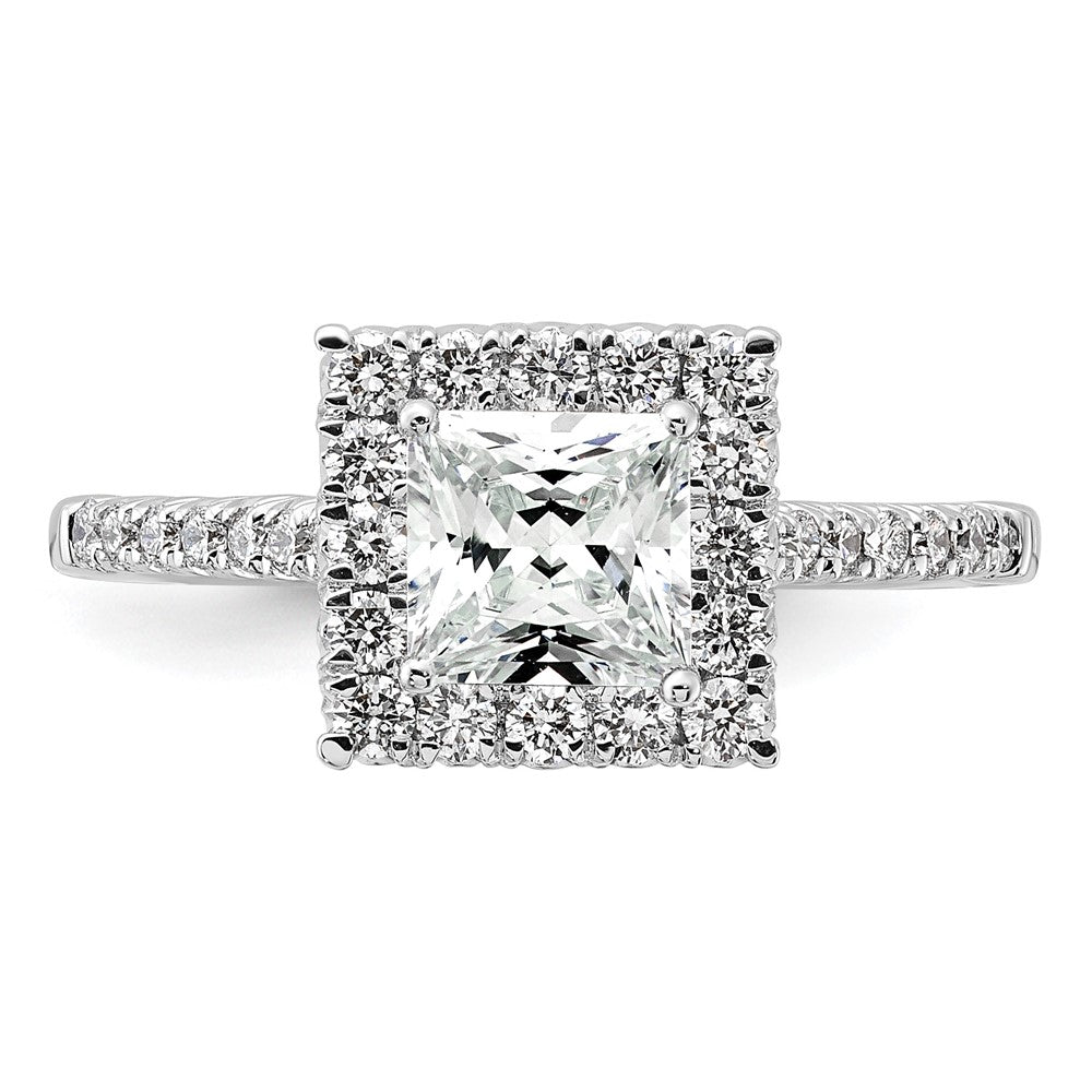 Verlobungsring aus 14K Weißgold mit 0,5 ct. im Labor gezüchteten Diamanten VS/SI+ G+ und 1 ct. Princess-Diamant im Halo-Design als Mittelstein