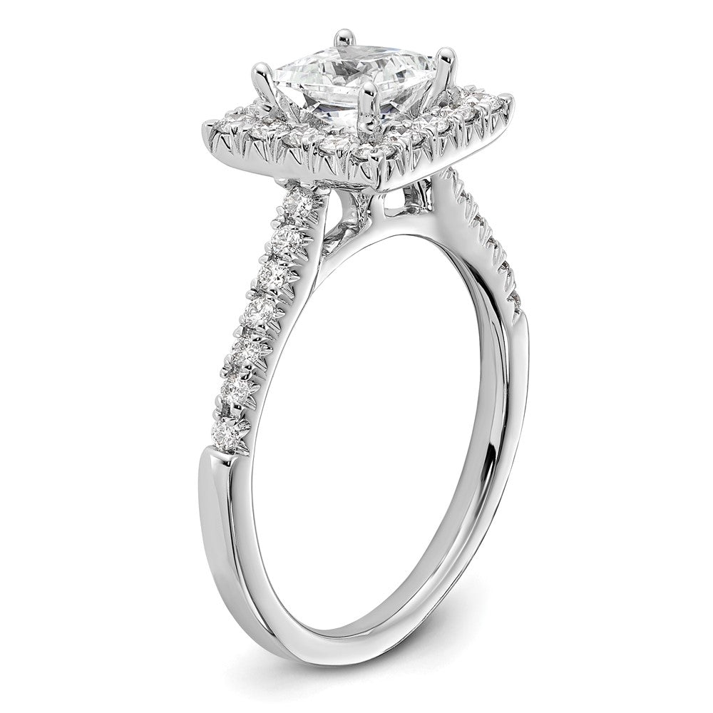 Verlobungsring aus 14K Weißgold mit 0,5 ct. im Labor gezüchteten Diamanten VS/SI+ G+ und 1 ct. Princess-Diamant im Halo-Design als Mittelstein