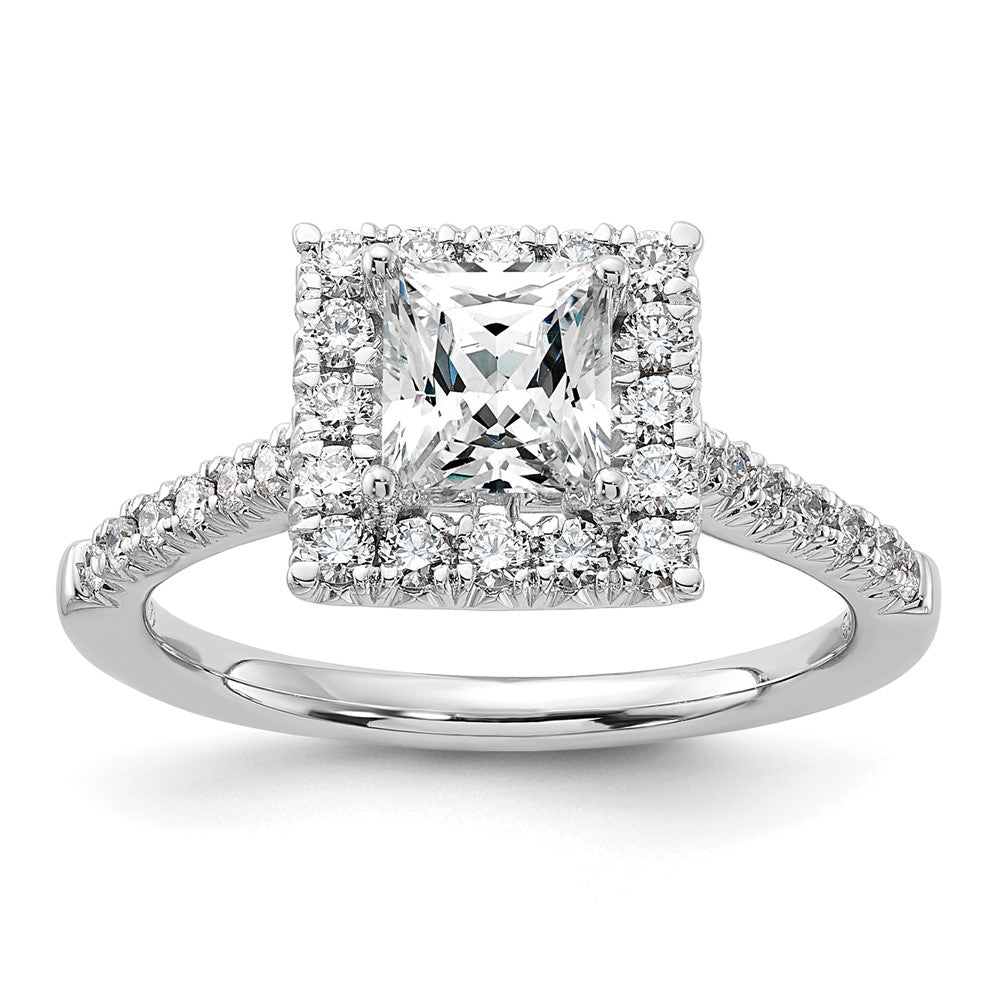 Verlobungsring aus 14K Weißgold mit 0,5 ct. im Labor gezüchteten Diamanten VS/SI+ G+ und 1 ct. Princess-Diamant im Halo-Design als Mittelstein