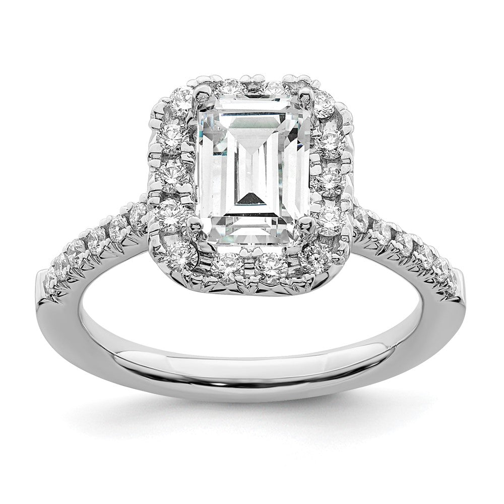14K Weißgold Verlobungsring mit laborgezüchtetem Diamant im Smaragdschliff, VS/SI+ G+, Halo-Halbfassung