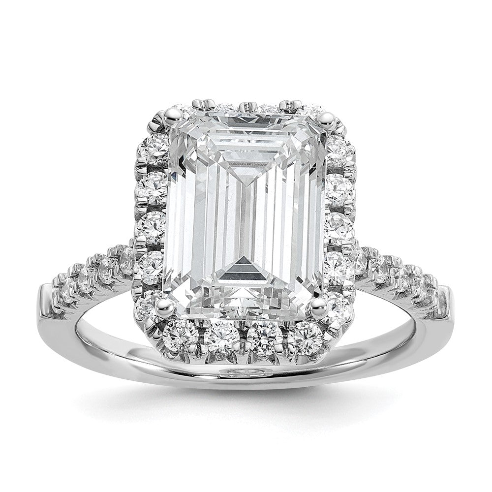 14K Weißgold Verlobungsring mit Labor gezüchtetem VS/SI FGH Diamant im Smaragdschliff mit Halo, Semi-Mount