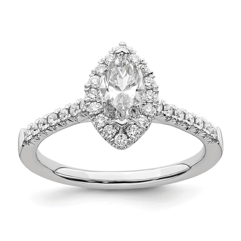 14 Kt. Weißgold Verlobungsring mit Marquise-Halo aus simulierten Diamanten