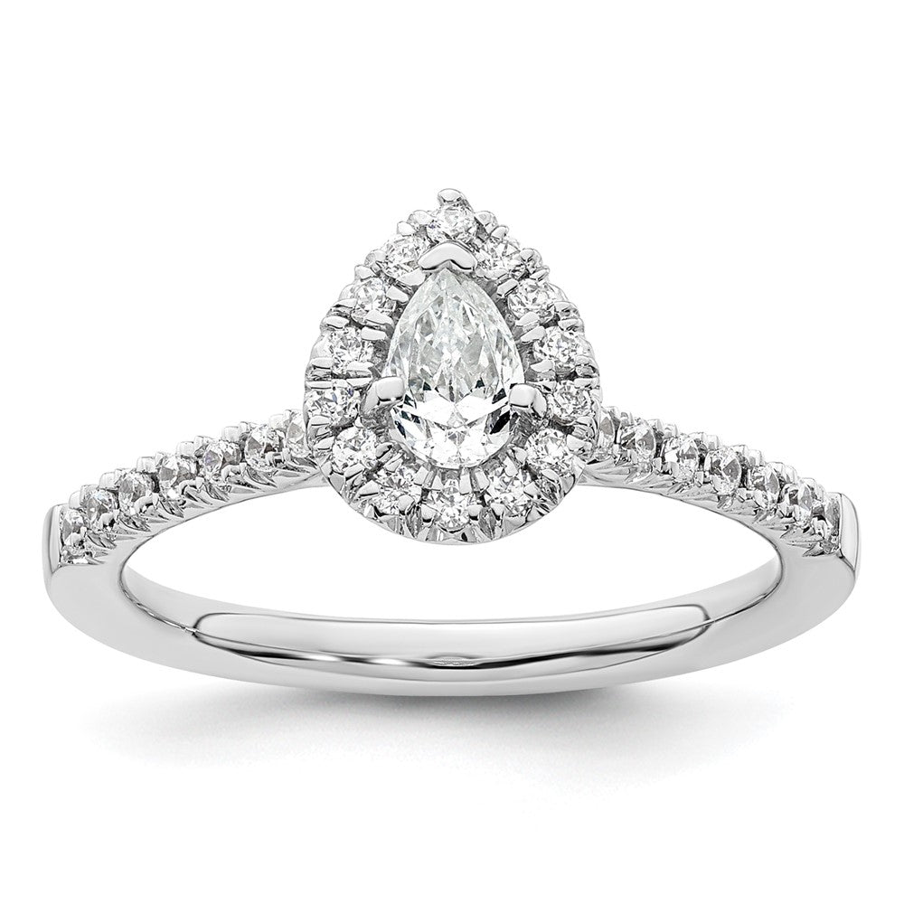 14K Weißgold Verlobungsring mit Diamant-Simulanten im Tropfenschliff und Halo-Fassung