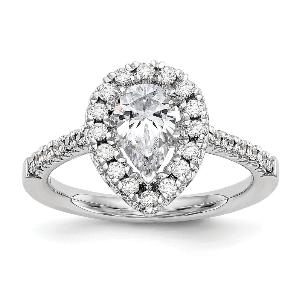 14K Weißgold Verlobungsring mit 0,375 ct. im Labor gezüchteten Diamanten VS/SI+ G+ und 1 ct. Center Diamant im Birnenschliff mit Halo-Fassung