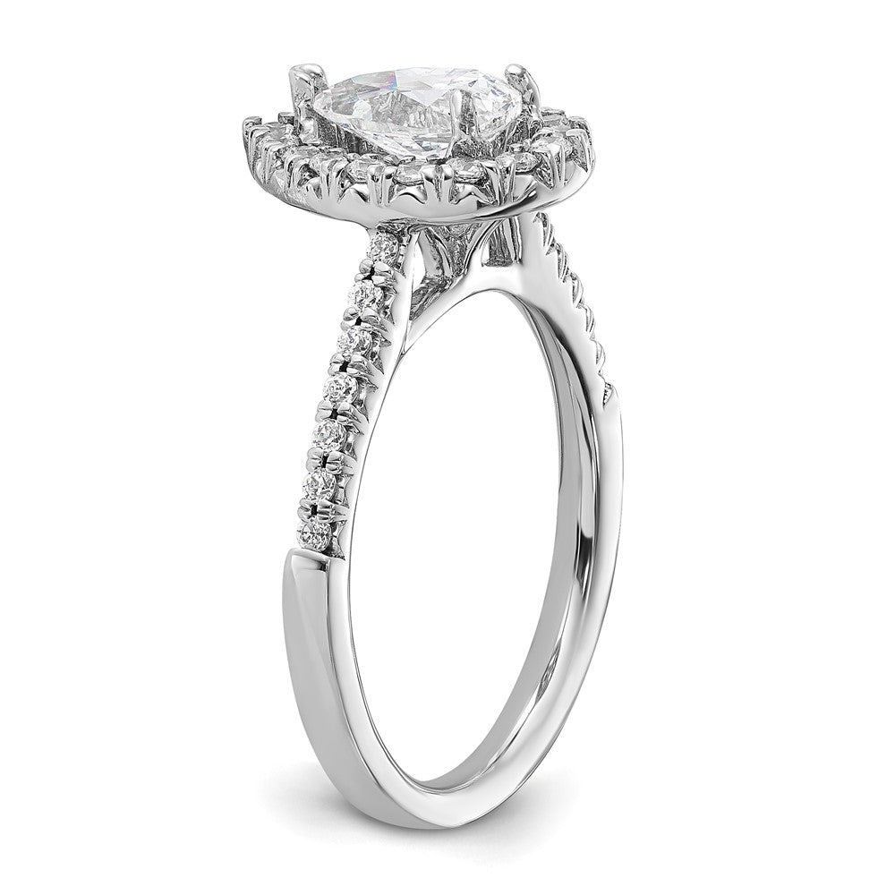 14K Weißgold Verlobungsring mit 0,375 ct. im Labor gezüchteten Diamanten VS/SI+ G+ und 1 ct. Center Diamant im Birnenschliff mit Halo-Fassung