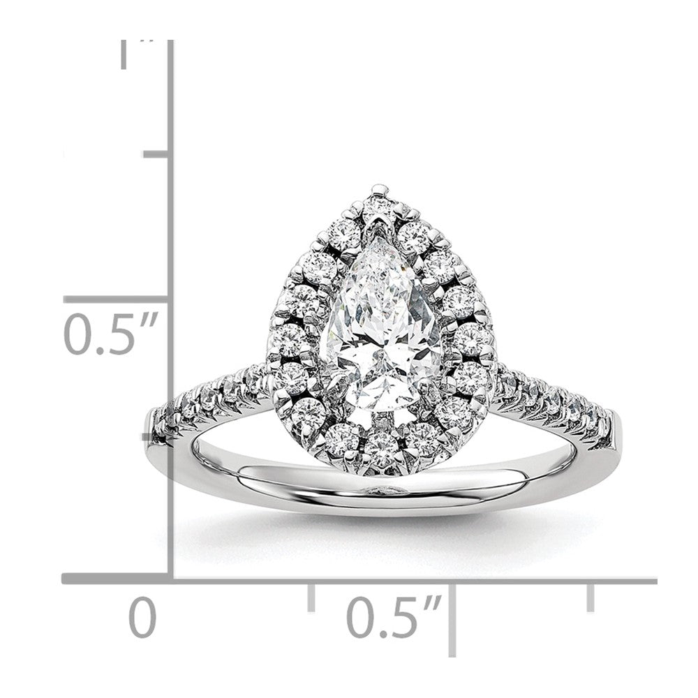 14K Weißgold Verlobungsring mit 0,375 ct. im Labor gezüchteten Diamanten VS/SI+ G+ und 1 ct. Center Diamant im Birnenschliff mit Halo-Fassung