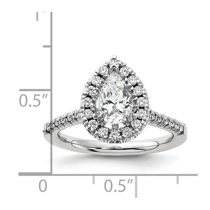 14K Weißgold Verlobungsring mit 0,375 ct. im Labor gezüchteten Diamanten VS/SI+ G+ und 1 ct. Center Diamant im Birnenschliff mit Halo-Fassung