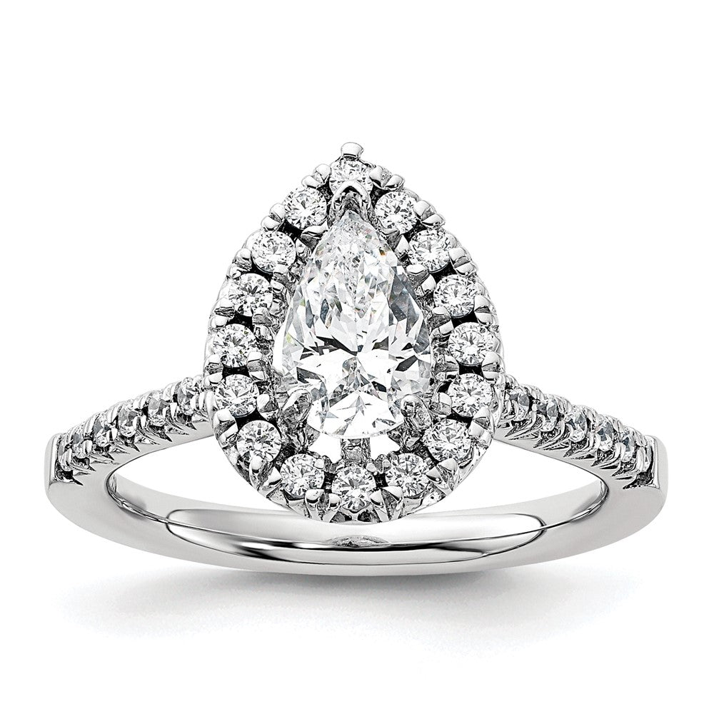 14K Weißgold Verlobungsring mit 0,375 ct. im Labor gezüchteten Diamanten VS/SI+ G+ und 1 ct. Center Diamant im Birnenschliff mit Halo-Fassung