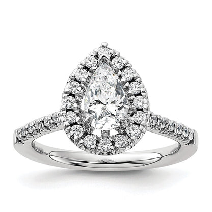 14K Weißgold Verlobungsring mit 0,375 ct. im Labor gezüchteten Diamanten VS/SI+ G+ und 1 ct. Center Diamant im Birnenschliff mit Halo-Fassung