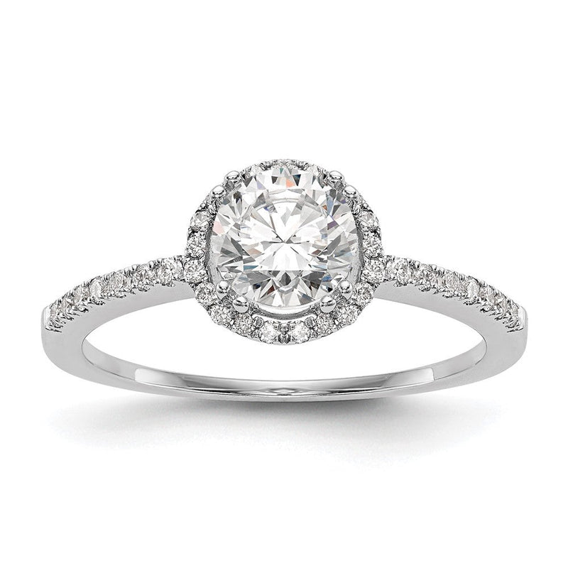 Verlobungsring mit rundem simuliertem Diamanten und Halo aus 14K Weißgold
