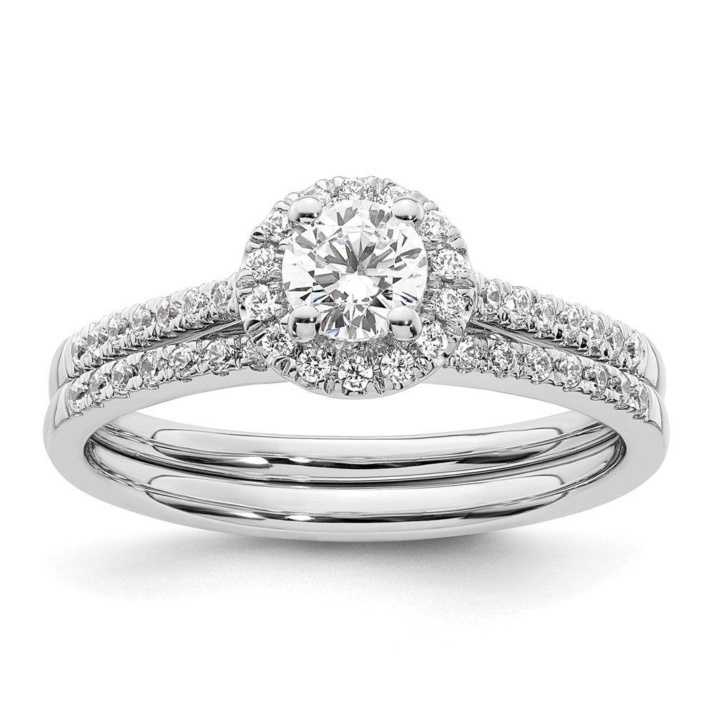 14K Weißgold Verlobungsring mit rundem simuliertem Diamanten und Halo-Fassung