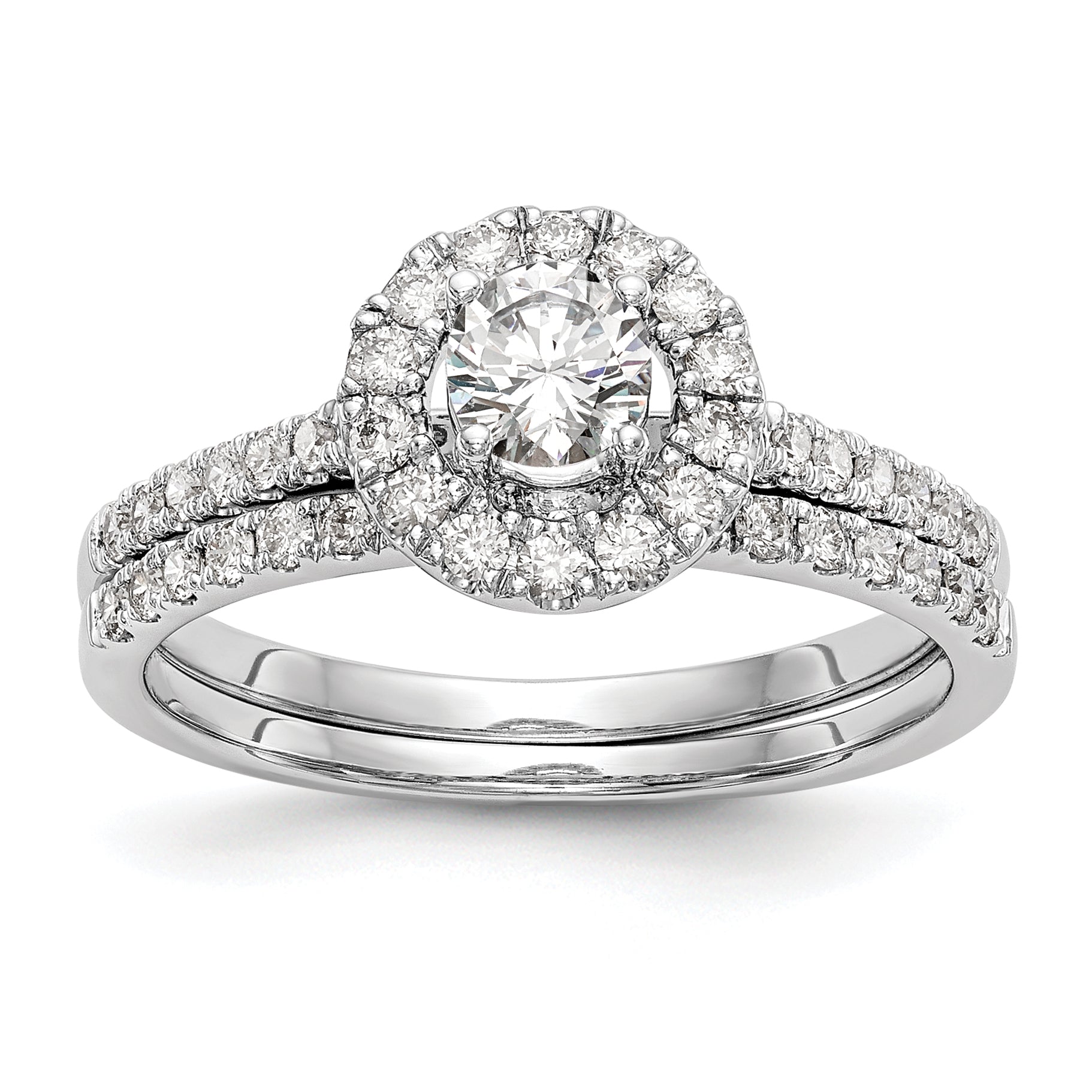 14K Weißgold Verlobungsring mit rundem simuliertem Diamanten und Halo-Fassung