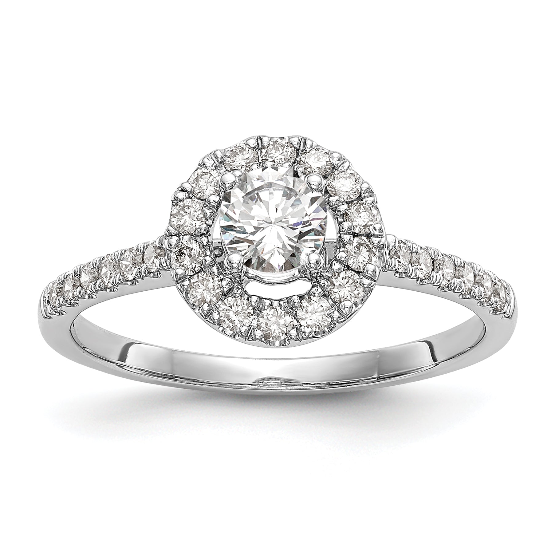 14K Weißgold Verlobungsring mit rundem simuliertem Diamanten und Halo-Fassung