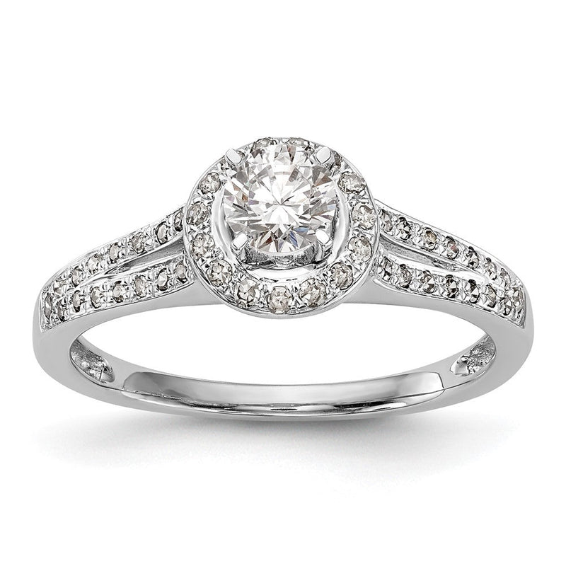 14K Weißgold Verlobungsring mit rundem simuliertem Diamanten, Halo
