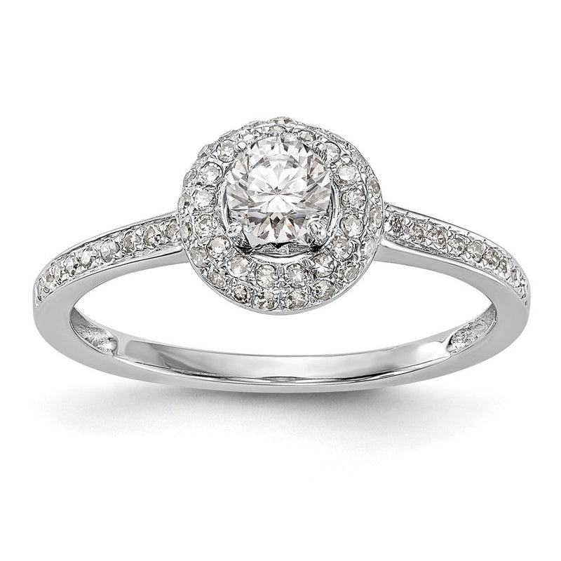 14K Weißgold Verlobungsring mit rundem simuliertem Diamanten und Halo-Fassung