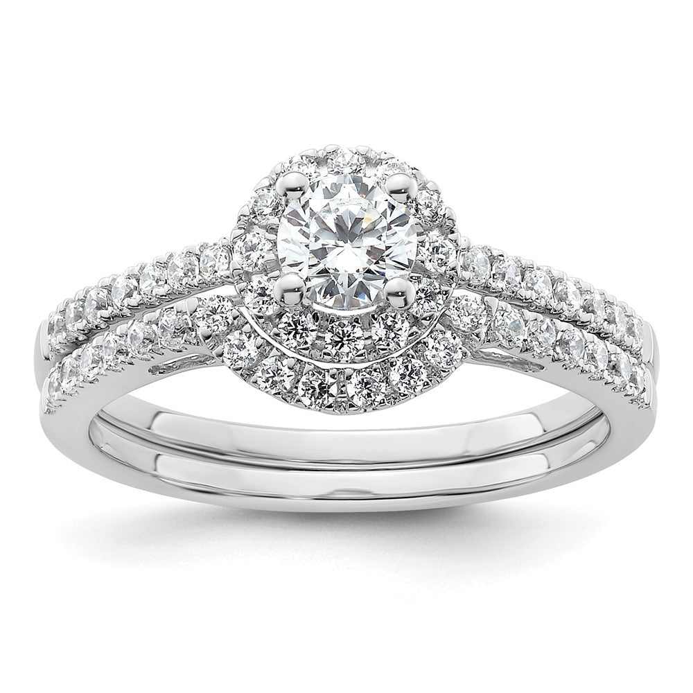 585 Weißgold Verlobungsring mit rundem simuliertem Diamanten und Halo