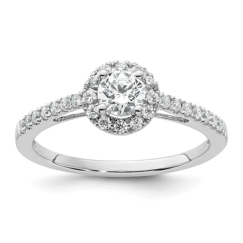 585 Weißgold Verlobungsring mit rundem simuliertem Diamanten und Halo-Fassung
