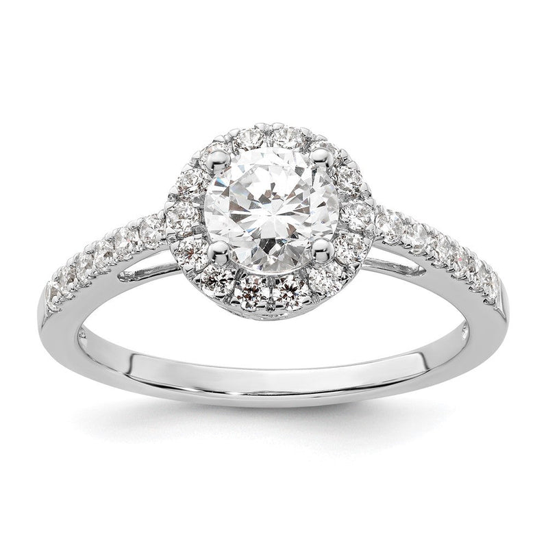Verlobungsring aus 14K Weißgold mit rundem simuliertem Diamanten und Halo