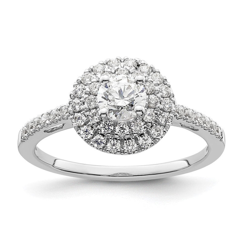 14K Weißgold Verlobungsring mit rundem simuliertem Diamant und Doppel-Halo
