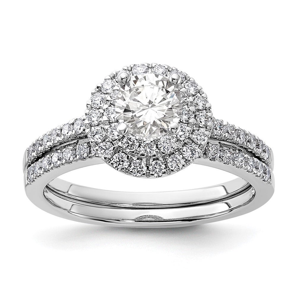 14K Weißgold Verlobungsring mit 0,875 ct. laborgezüchteten Diamanten VS/SI+ G+ mit doppeltem Halo