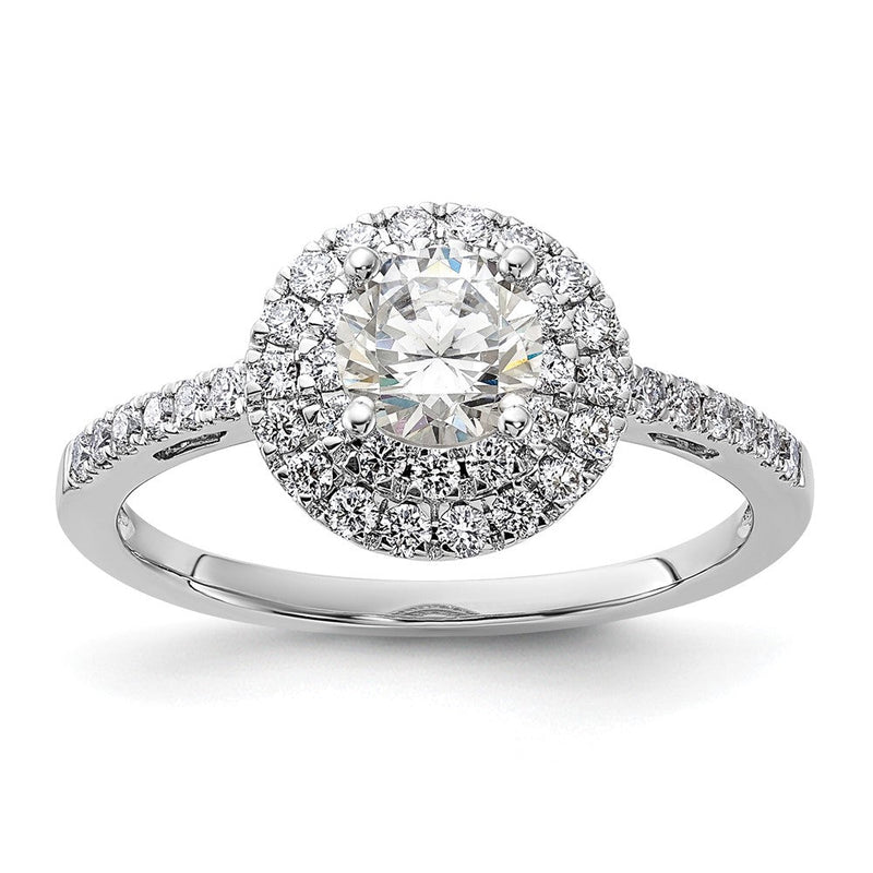 14K Weißgold Verlobungsring mit rundem simuliertem Diamanten und doppeltem Halo
