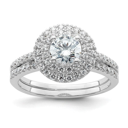 14K Weißgold Verlobungsring mit rundem simuliertem Diamanten und Doppel-Halo