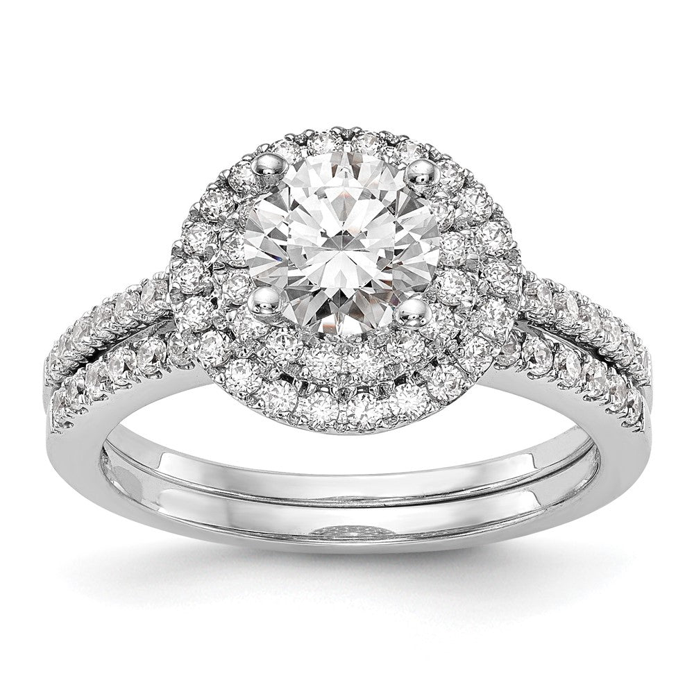 14K Weißgold Verlobungsring mit rundem simuliertem Diamanten und doppeltem Halo