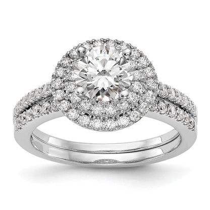 14K Weißgold Verlobungsring mit rundem simuliertem Diamanten und doppeltem Halo