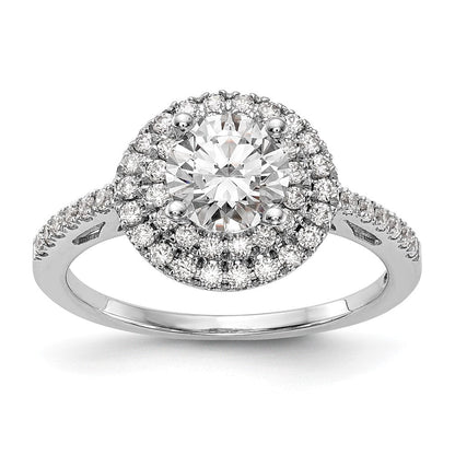 14K Weißgold Verlobungsring mit rundem simuliertem Diamanten und doppeltem Halo
