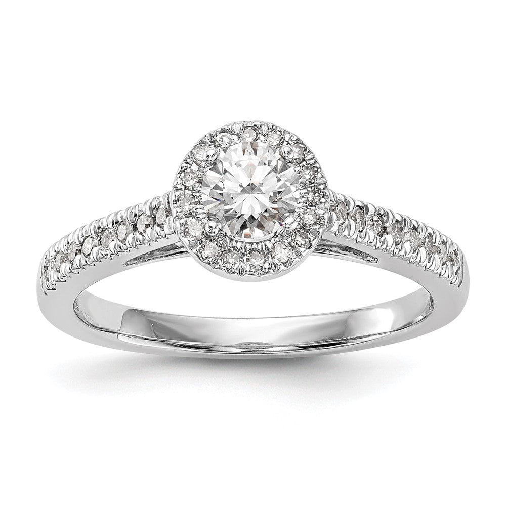 14K Weißgold Verlobungsring mit rundem simuliertem Diamanten und Halo-Fassung