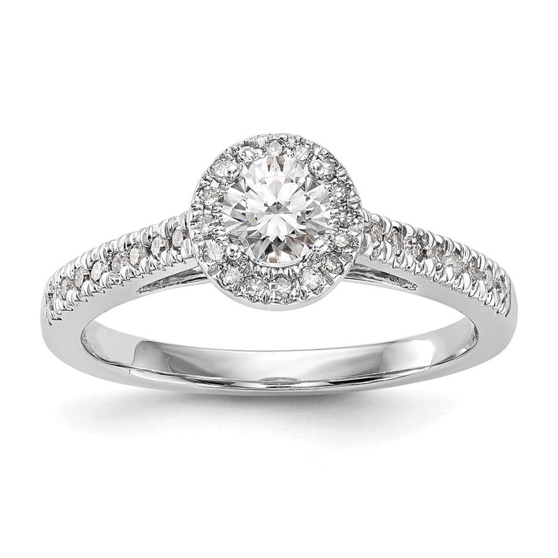 14K Weißgold Verlobungsring mit rundem simuliertem Diamanten und Halo