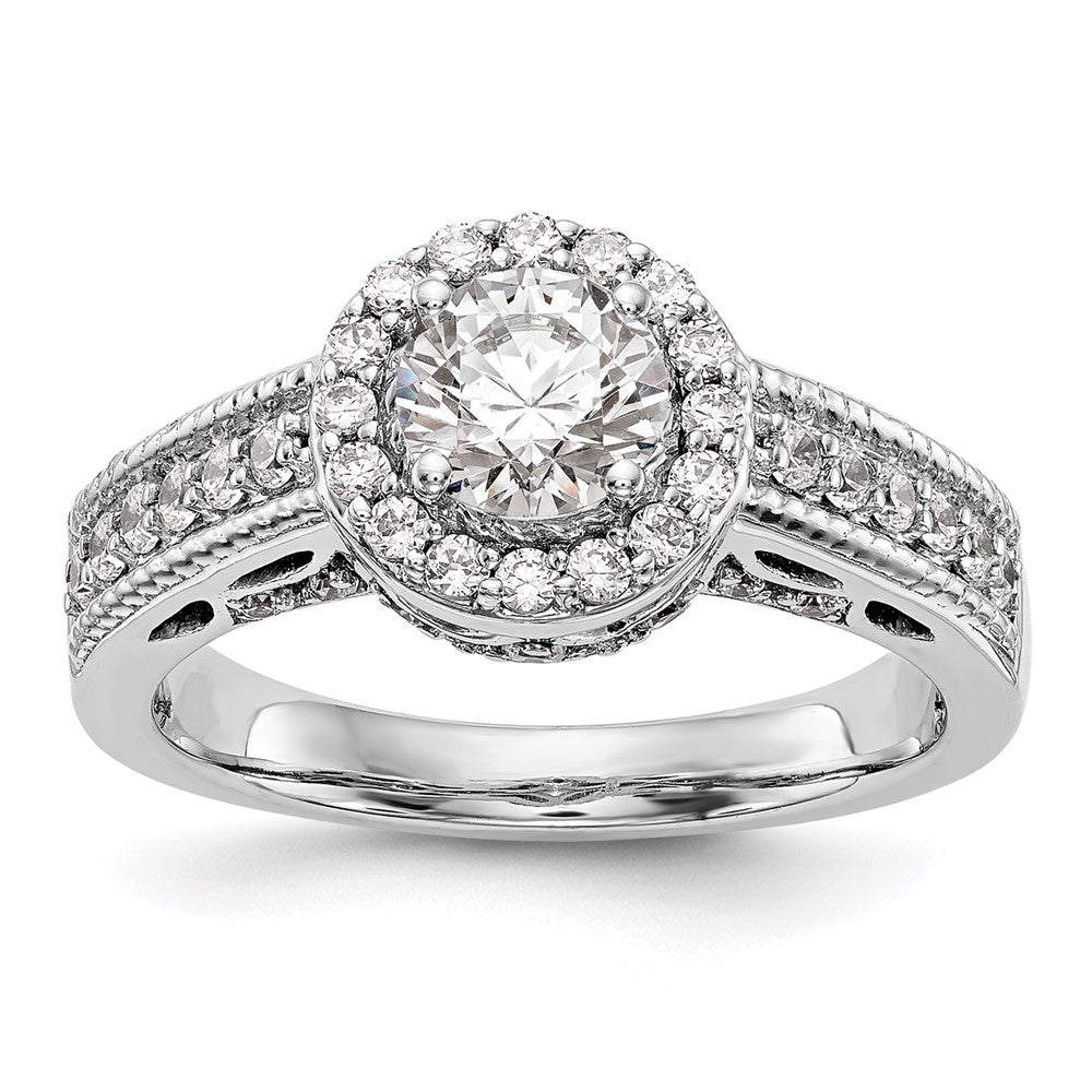 14K Weißgold Verlobungsring mit rundem simuliertem Diamanten und Halo-Fassung