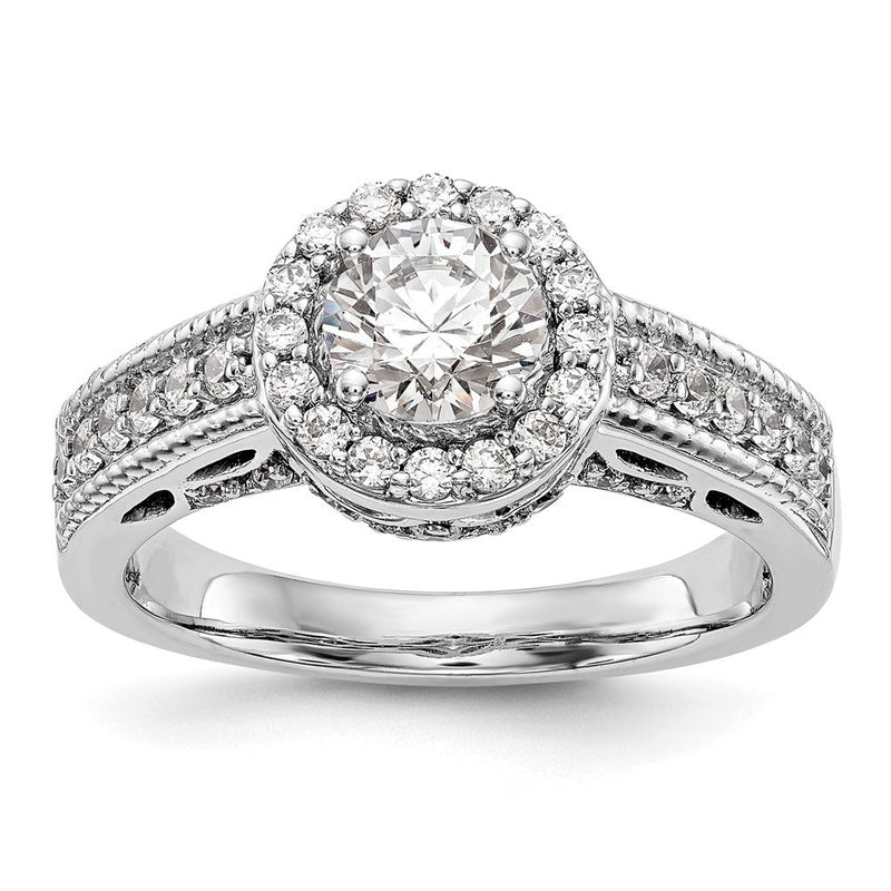 14K Weißgold Verlobungsring mit rundem simuliertem Diamanten und Halo