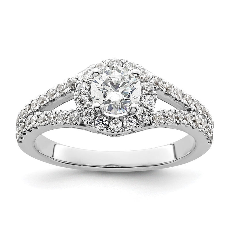 14K Weißgold Verlobungsring mit rundem simuliertem Diamant im Halo-Design