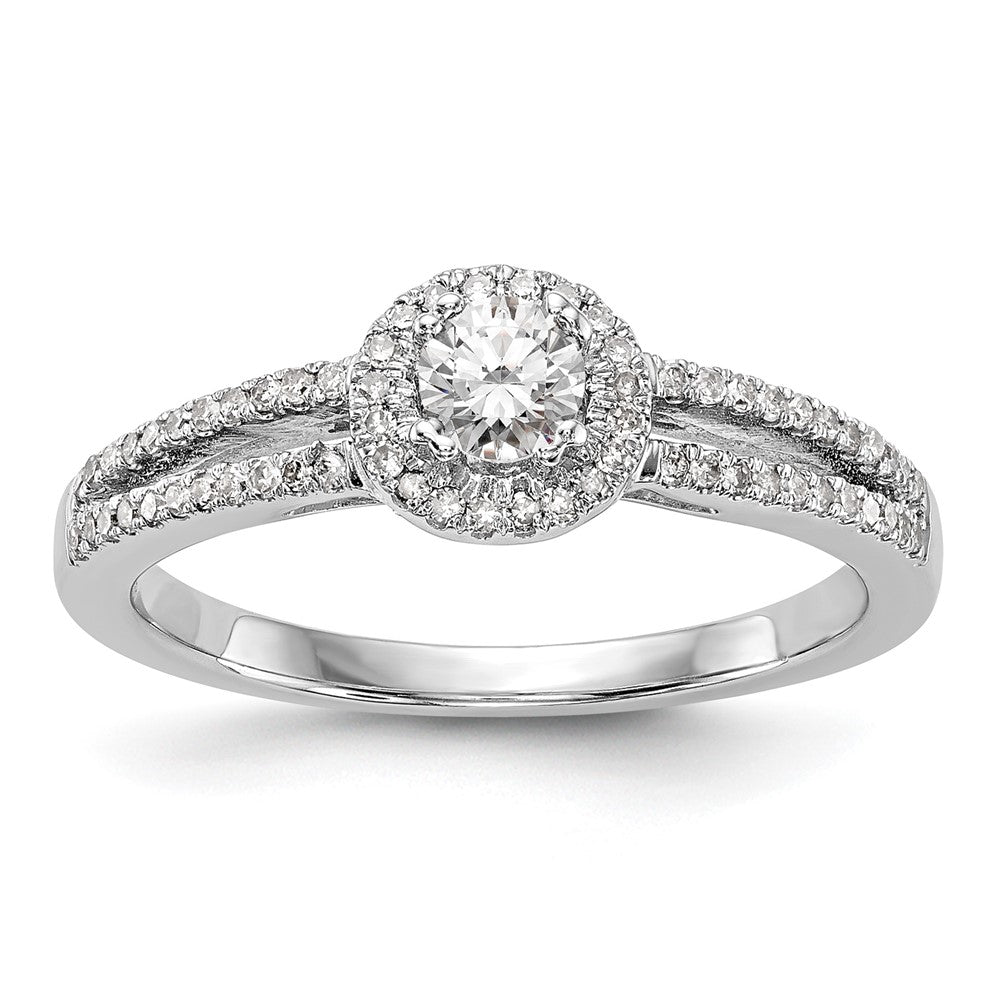 14K Weißgold Verlobungsring mit rundem simuliertem Diamanten und Halo