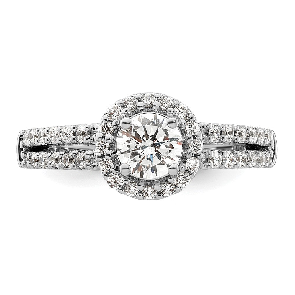 Verlobungsring aus 14K Weißgold mit rundem simuliertem Diamanten und Halo