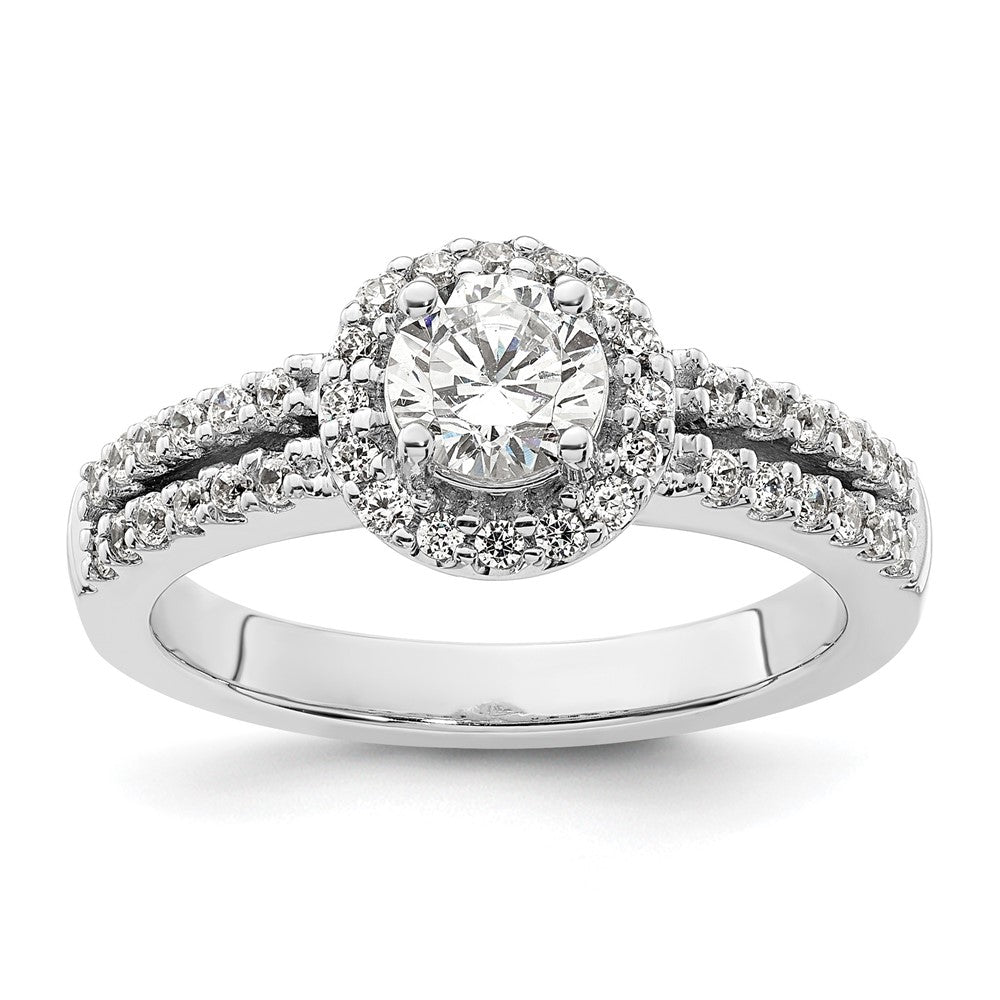 Verlobungsring aus 14K Weißgold mit rundem simuliertem Diamanten und Halo