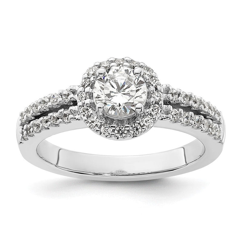Verlobungsring aus 14K Weißgold mit rundem simuliertem Diamanten und Halo